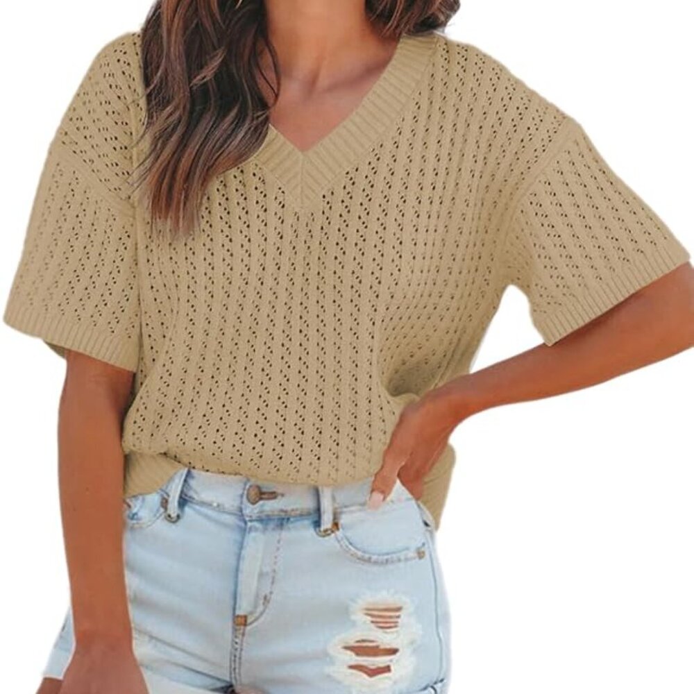 Dokotoo Womens Casual Summer Tops V Neck Short Sleeve Shirts Solid V Neck